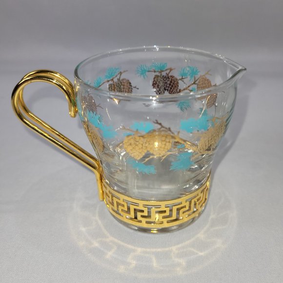 Libbey Creamer & Sugar Bowl Vintage Gold Metal Glass Turquoise Leaf Pinecone Set - Picture 2 of 3